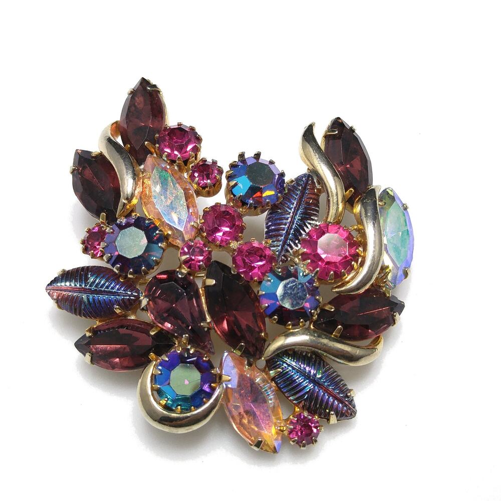 Designer Art Glass Rhinestone Brooch, Carnival Glass, Gold Plated, 1950s Vintage